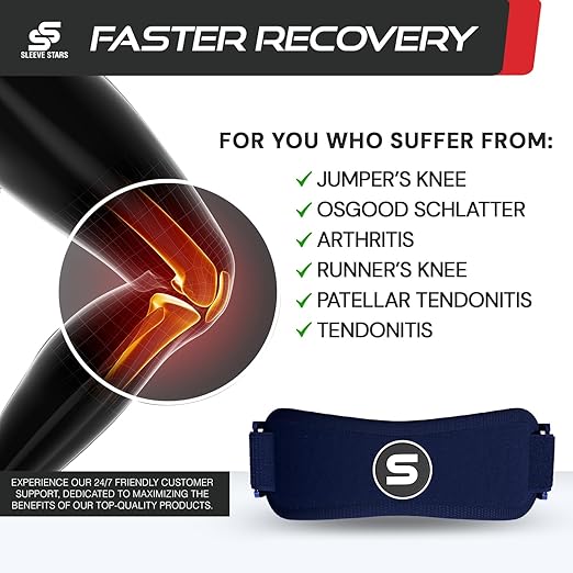 Sleeve Stars Swedish Brand Patellar Tendon Support Strap for Women & Men Effective Osgood Schlatter Knee Brace Youth & Kids Knee Brace with 3 Adjustable Length fits 12"-24" (Single/Navy Blue/Adult)