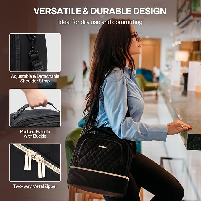 Everfun Womens Lunch Box Two Compartments Insulated Lunch Tote Bag Large Leakproof Soft Cooler for Work Picnic Travel, Black