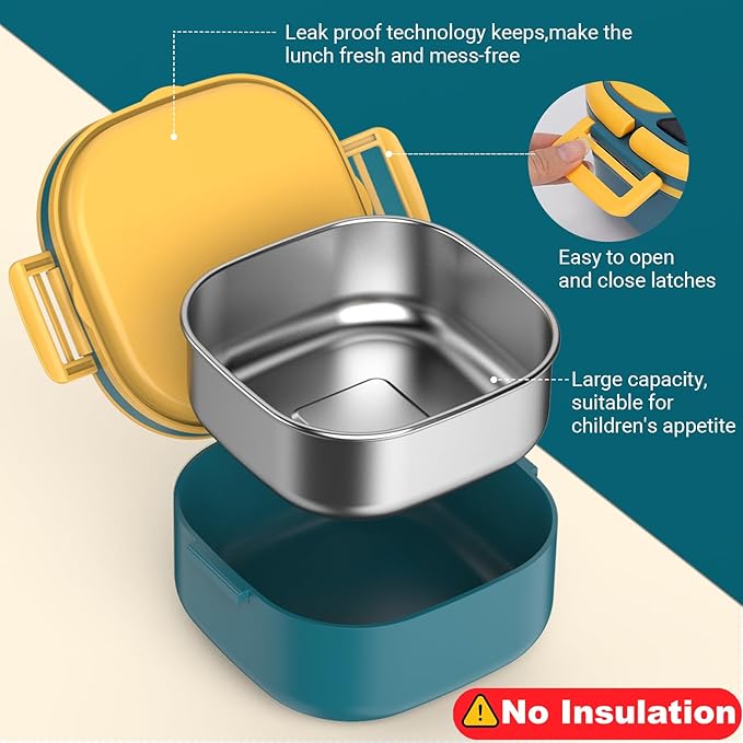 Single-Layer Bento Lunch Box for Kids & Adults with Removable Stainless Steel Lunch Container,Dressing Container,BPA-Free,Dishwasher Safe - Includes Utensil(Blue,Non-Insulated)