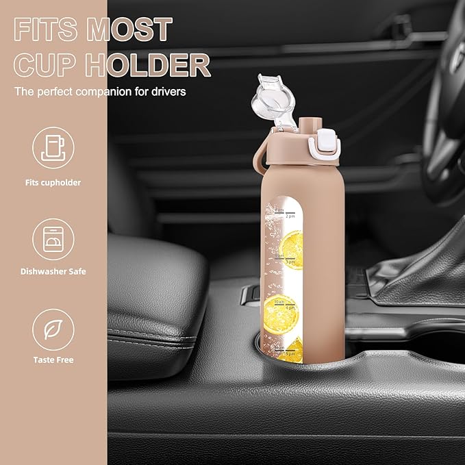 32 oz Glass Water Bottles with 2 Lids-Handle Spout Lid & Straw Lid, 1 Liter Motivational Borosilicate Water Bottle with Time Marker and Silicone Sleeve,Leakproof-Amber-1 Pack