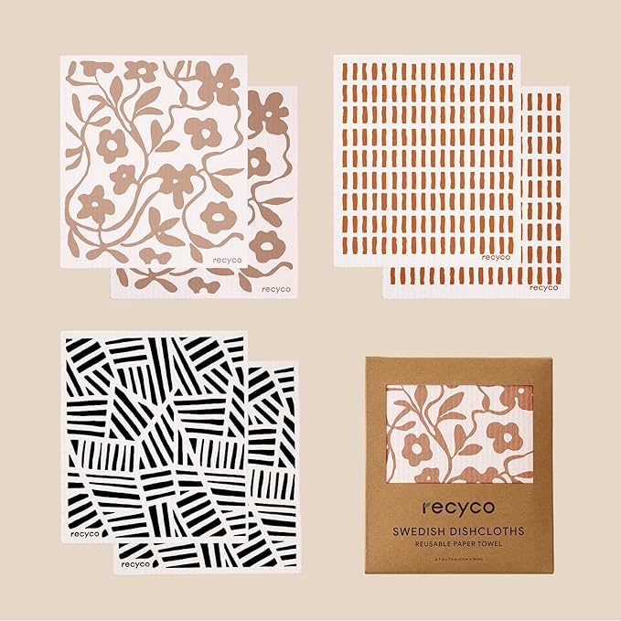 RECYCO Swedish Dishcloths for Kitchen | 6 Pack Floral Geo Washable Dish Rags | Cellulose Reusable Cleaning Paper Towels | Absorbent Counter Dish Cloth Sponge Kitchen Wipes, 8" L x 7" W