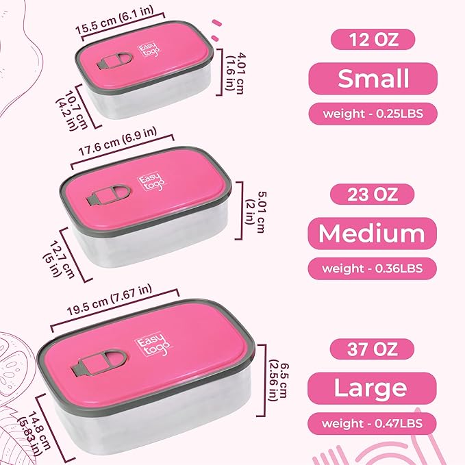 3-Pack Stainless Steel Lunch Containers – Airtight Leakproof Food Storage Boxes for Meal Prep, Snacks & Leftovers – 37oz + 23oz + 12oz, Pink Lid, Reusable Bento Set for Adults