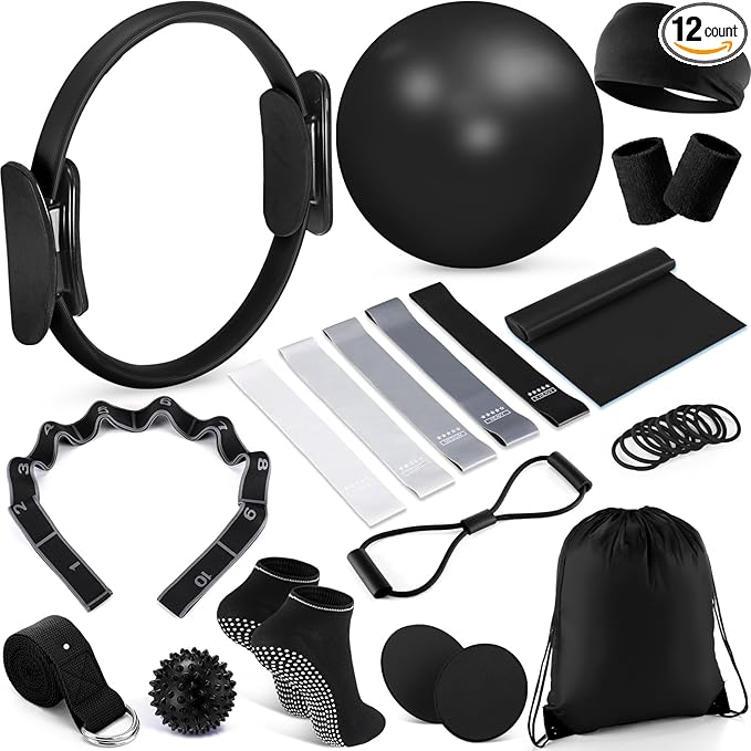 Poen 18 Pcs Pilates Ring Kit Home Pilates Ring Circle and Ball Set for Women Yoga Fitness Set with 5 Resistance Band Stretching Strap Non Slip Sock Ball Core Slider Wristband Headband Gym Bag(Black)