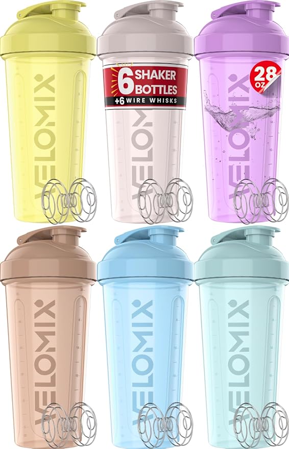 -6 PACK- 28 oz Protein Shaker Bottle for Protein Mixes - 6x Wire Whisk | Leak Proof Shaker Cups for Protein Shakes | Protein Shaker Bottle Pack | Protein Shake Cup (Pastel Power Series)