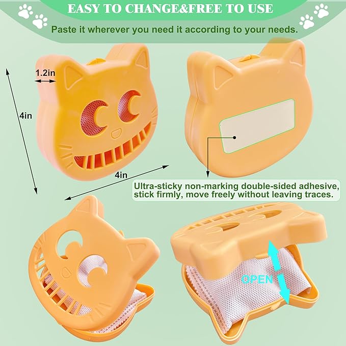 Unscented Cat Litter Box Deodorizer Kit Stick-On Activated Carbon Odor Eliminators Compatible with most manual and automatic litter boxes (4 Refills+ 1 Box) (Orange, Unscented)