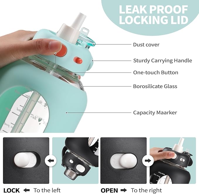 SIEROZUR 64 oz Glass Water Bottle with Straw and Handle Large Sports Motivational Water Bottle Flask with Time Marker Leakproof Water Jug with Silicone Sleeve for Gym