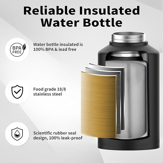 2/3 Gallon Water Bottle Insulated(Cold for 48 Hrs),BPA Free&Leak Proof,87oz Stainless Steel Water Jug/Flask,Big thermo,Large Water Bottle with Handle for Gym,Hiking,Camping,Black