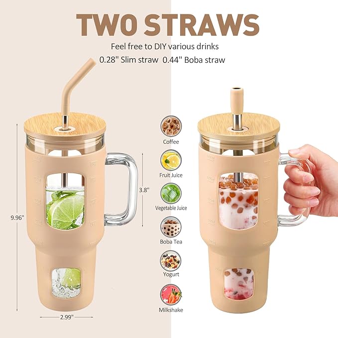 Glass Tumbler with Straw and Lid, 40 oz glass cup with handle, Glass Water Bottles with Time Marker, Silicone Protective Sleeve-Amber