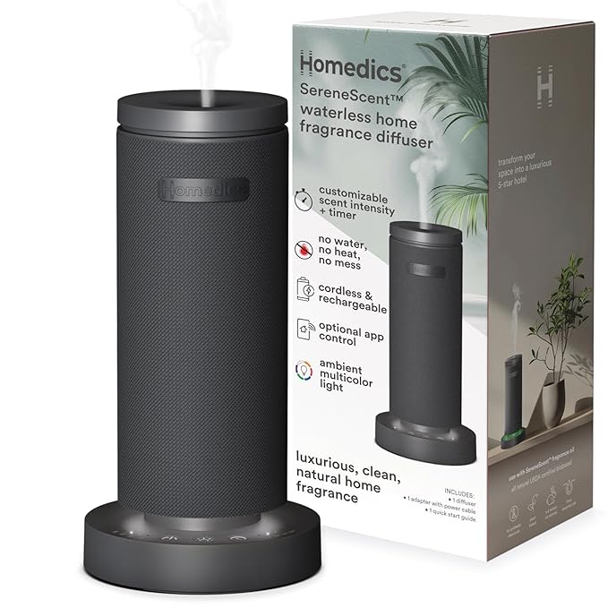 Homedics SereneScent Mini Fabric Rechargeable Waterless Diffuser, Cordless Aromatherapy Device, Use with SereneScent Oil 15ml (Sold Separately), Adjustable Mist Intensity & Ambient Light, Charcoal