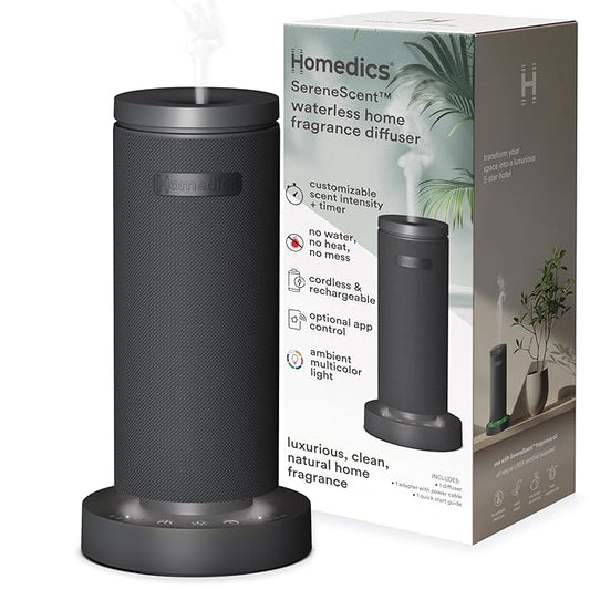 Homedics SereneScent Mini Fabric Rechargeable Waterless Diffuser, Cordless Aromatherapy Device, Use with SereneScent Oil 15ml (Sold Separately), Adjustable Mist Intensity & Ambient Light, Charcoal