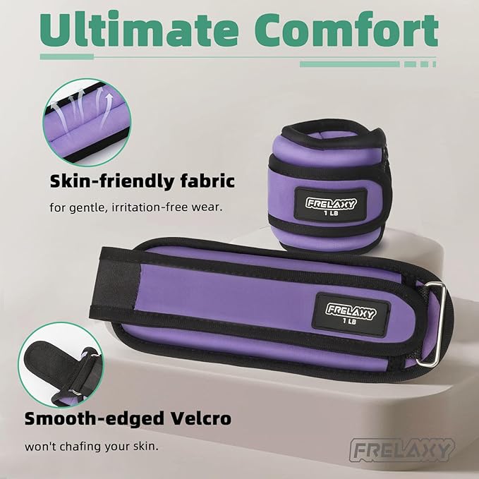 Frelaxy Ankle Wrist Weights for Women Men Kids, Comfy& Adjustable Leg Arm Weights Set for Walking, Gym, Yoga, Pilates, Dance, Cardio & Strength Training 1lb 2lbs 3lbs 1 Pair