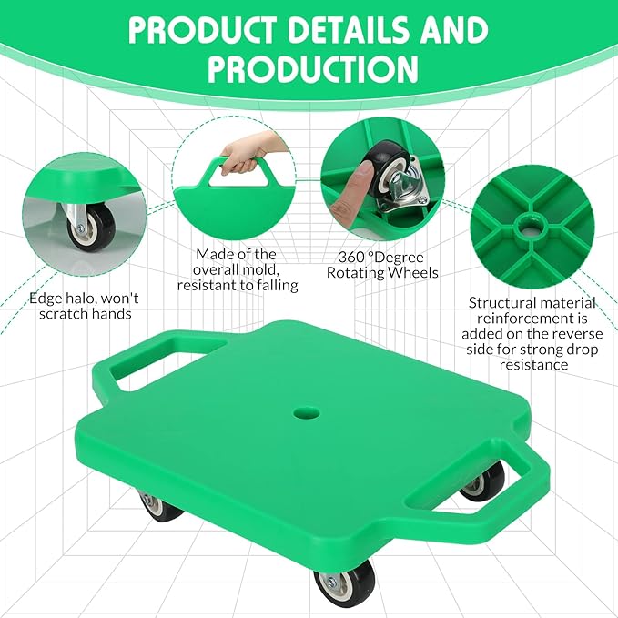 Jerify 4 Pieces Sports Scooter Board with Handles Plastic Casters Floor Sitting Scooter Boards for Kids Children Gym Indoor Outdoor Activities Play Equipment, 11.22 x 11.22 inch
