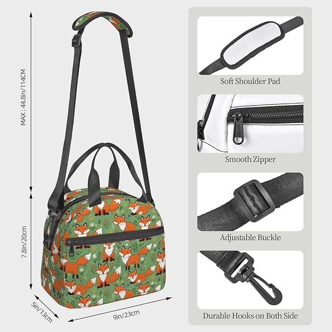 Fox Reusable Insulated Lunch Box Waterproof Lunch Bag with Detachable and Adjustable Shoulder Strap for Office Picnic or Travel