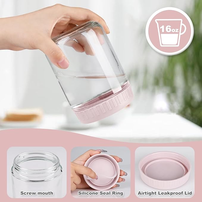 Overnight Oats Containers with Lids, 16oz Glass Jars with Lids 8 pcs, Pink, Wide Mouth Mason jars for Salad, Yogurt, Snacks, Meal Prep