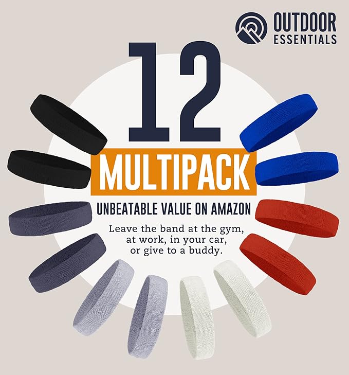 OutdoorEssentials Sweatbands & Wristbands - Wrist Sweat Bands Headbands for Men & Women - Multipack Terry Cloth Headbands or Wrist Bands for Working Out, Tennis, Basketball, Football, Gymnastics