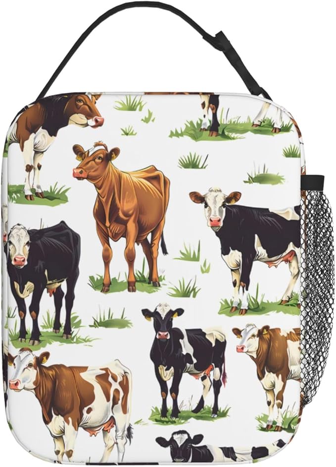 Colorful Cow Lunch Box for Rustic Lovers, Tote Bag with Grass Farm Animal Print, Insulated Lunchbox Gifts, Reusable Cooler Lunchboxes for Office, School, Picnic, Travel, Farmhouse