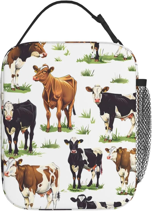 Colorful Cow Lunch Box for Rustic Lovers, Tote Bag with Grass Farm Animal Print, Insulated Lunchbox Gifts, Reusable Cooler Lunchboxes for Office, School, Picnic, Travel, Farmhouse