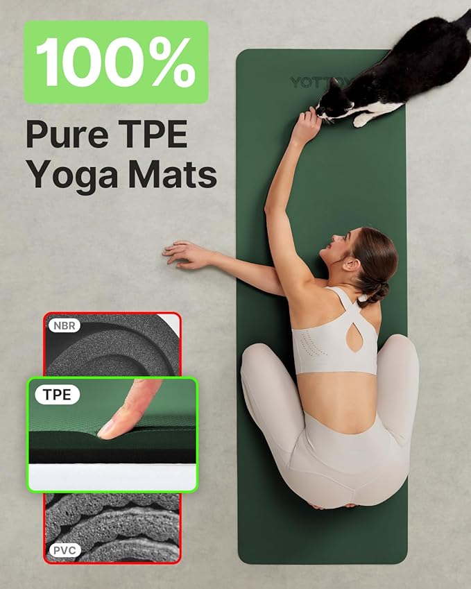 Yoga Mat,Non-Slip TPE Exercise Mat(1/4 Inch) for Pilates, Fitness & Barefoot Workouts, Home Gym Studio with Strap & Bag