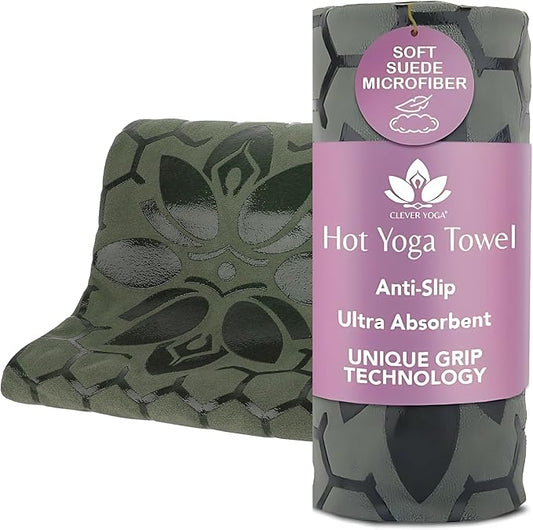 Clever Yoga Hot Yoga Mat Towel – Non-Slip Grip for Hot Yoga, Sweat Absorbent, Honeycomb Silicone Grip, Stays Flat – Ideal for Pilates, Travel, Washable & Lightweight - Olive