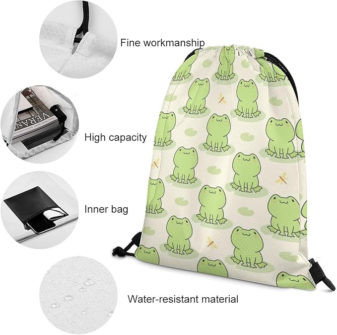 Frog Drawstring Backpack - Cute Cinch Sack, String Backpacks with Pocket for Kids Women Men Boys Girls for Gym Outdoor Sports Travel Athletic Drawstring Bag - Lightweight/Foldable