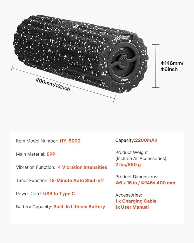 VEVOR 16 Inches Rechargeable Vibrating Foam Roller, 4-Speed Electric Massage Roller with 3D Texture, High-Density EEP Foam for Deep Tissue Muscle Massage, Back Pain Relief, and Post-Exercise Recovery