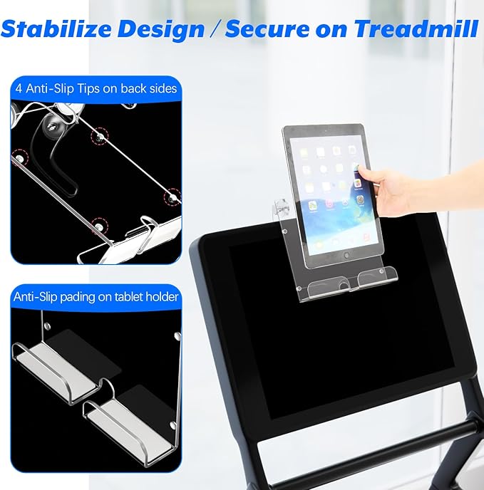 Cosmos Treadmill Tablet Holder & Phone Stand Compatible with Peloton Bike, Treadmill Acrylic Tablet Reading Rack for iPad, Gym Exercise Bike & A5 Book Holder, Adjustable Clamps with Anti-Slip Pads