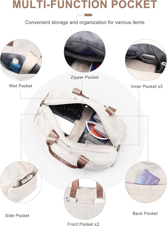 Gym Bag for Women Men with Shoe Compartment, Sport Duffel Bag, Waterproof Travel Weekender Overnight Carry on Bag for Yoga with Trolley Sleeve, Beige Brown