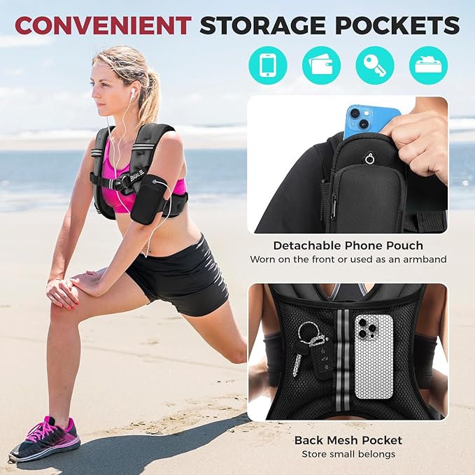 BAGAIL Weighted Vest, 5lbs/8lbs/10lbs/12lbs/15lbs/20lbs/25lbs/30lbs Weight Vest with Detachable Phone Pouch, Rucking Vest for Women, Men, Walking, Weight Loss, Training, Running