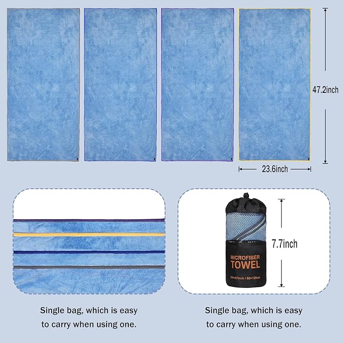 Dofilachy 4 Pack Camping Towel - Quick Dry Towel - Microfiber Travel Sports Towels - Super Absorbent Swim Towel (4, Blue)