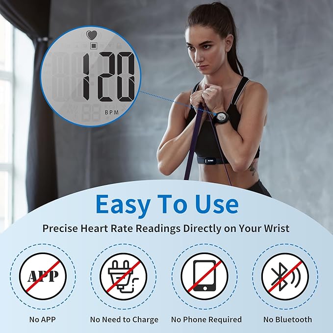 EZON Heart Rate Monitor Chest Strap and Digital Watch T037,5ATM Waterproof Fitness Tracker with HRM,Calories Burned,Stopwatch and Hourly Chime (Watch Band Included)
