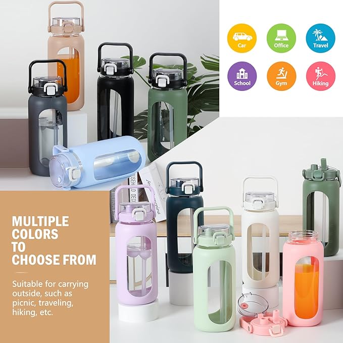 BLUEGO 64oz Glass Water Bottles with Straw Time Marker Half Gallon Large Motivational Water Bottle with Silicone Sleeve 2 Liter Large Glass Water Jug for Gym, Sports& Workout, Daily, Amber