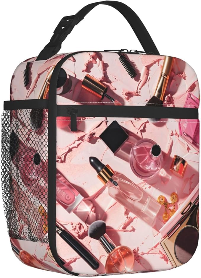 Insulated Lunch Box for Women Men, Pink Makeup Theme Lunch Box Reusable Portable Lunch Bag Cooler Tote Waterproof Lunch Container for Office Picnic Work Travel