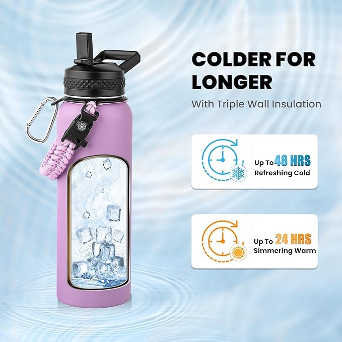 Insulated Water Bottle 40 oz, Triple Wall Vacuum Stainless Steel (Cold for 48 Hrs), Leak Proof & Non-BPA, Modern Water Flask Jug with Paracord Handle & Straw Spout Lids, Lilac