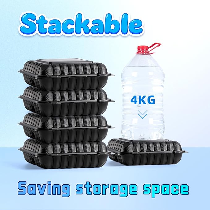 YANGRUI Food Containers Mineral Filled PP Plastic - 55 Pack 8x8 34 oz BPA Free | Shrink Wrap Microwave Safe | Reusable & Disposable Heavy Duty Clamshell Takeout | Black To Go 3 Compartment Lunch Box