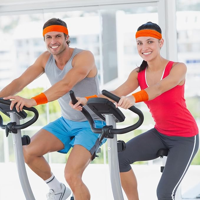 24 Pieces 80s Neon Sweatbands Set, Include 8 Sports Headbands and 16 Sweat Wristbands Elastic Athletic Tennis Sweat Bands Bulk for Man Woman