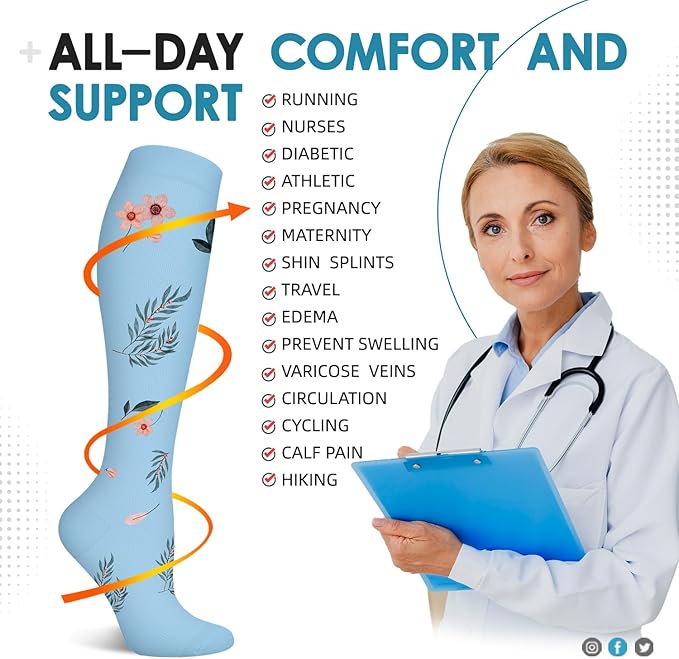 Graduated Compression Socks for Women&Men 20-30mmhg Knee High Socks Travel Hiking Running Stocking