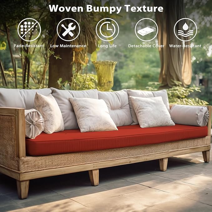 Sundale Outdoor Olefin Bench Cushion， Water-Resistant Patio Couch Cushion, Loveseat Sofa Pad with Straps Red, 42 x 18 x 4 Inches