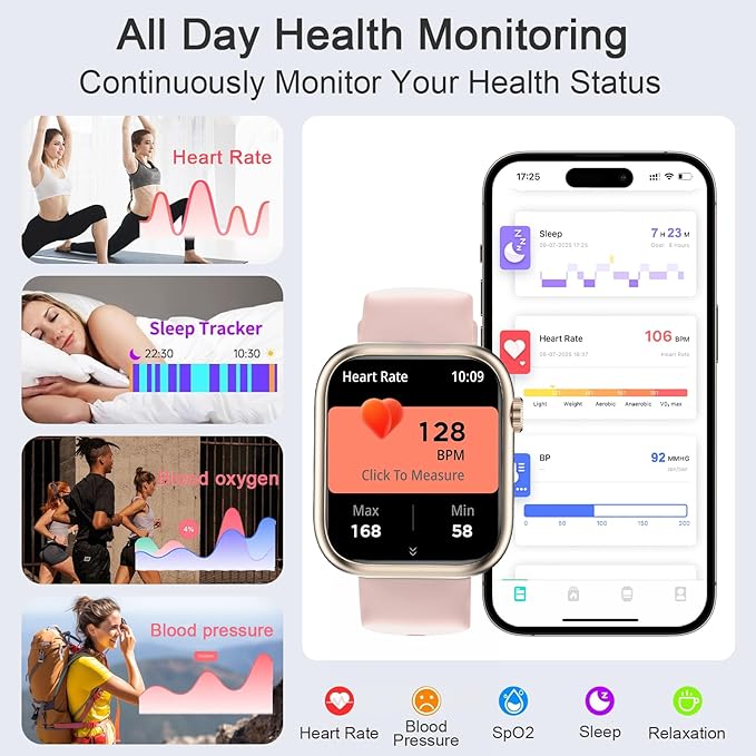 GADIXY Smart Watches for Men Women(Answer/Make Calls),7 Day Battery Fitness Watch with SpO2/HR/Sleep/BP Monitor,120+ Sports Activity Trackers,IP68,120+Dials Watches for Women,2 Bands,BlackGold