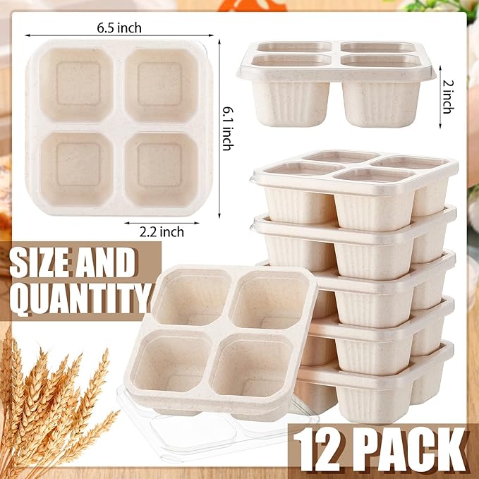12 Pcs 4 Divided Compartments Snack Containers Bento Wheat Straw Snack Box with Lid Reusable Meal Prep Lunch Box Food Storage Containers for Adults Travel Work(Beige)