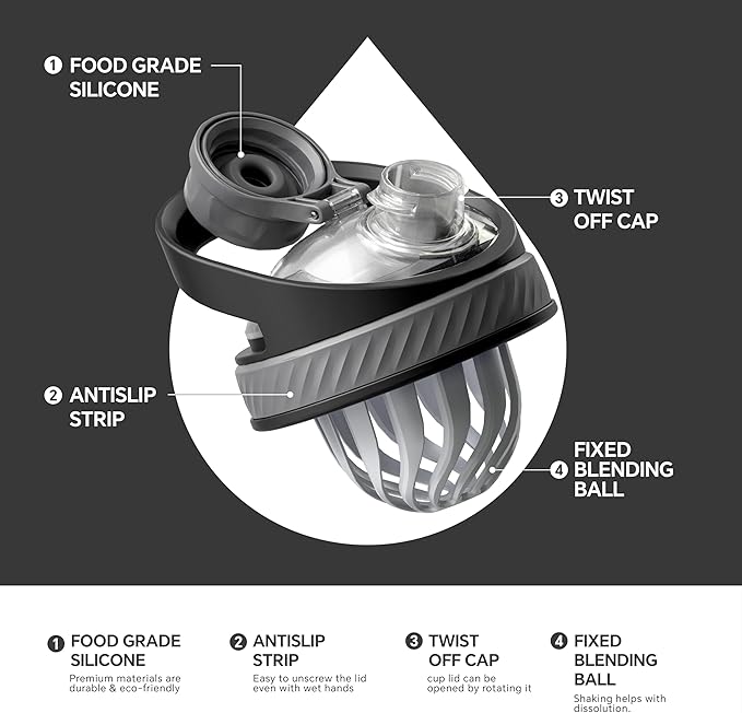Ideus Protein Shaker Bottle 24oz(710ml) Insulated Stainless Steel Shaker Bottle with Silent Tritan Ball Portable Pre Workout Shaker Cups for Protein Shakes, Smoothies, Cocktails, Black
