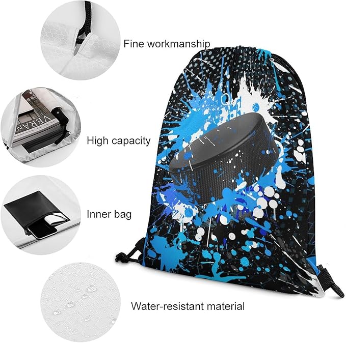 Hockey Drawstring Backpack - Cool Cinch Sack, String Backpacks for Kids Women Men Boys Girls for Gym Outdoor Sports Travel Athletic Drawstring Bag - Lightweight/Foldable