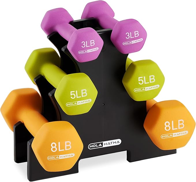 HolaHatha 2, 3, 5, 8, and 10 Pound Neoprene Dumbbell Free Hand Weight Set with Rack, Ideal for Home Exercises to Gain Tone and Definition, Pastel