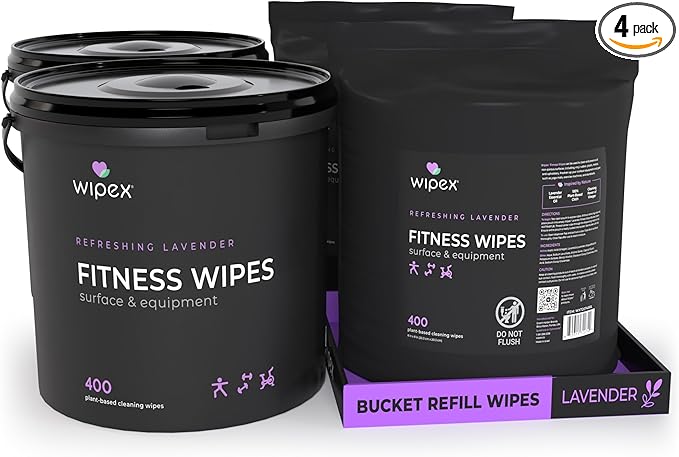 Wipex Gym Wipes for Equipment Bundle – 1600 Count with (2) Lavender Buckets & (2) Refill Rolls - Plant-Based Fitness Equipment Wipes, Clean Surfaces & Mats, Safe Gym Cleaner, 1600 Ct (Pack of 4)