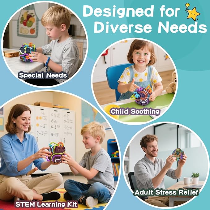 3D Silicone Sensory Fidget Cube for Autism & ADHD - FDA Food Grade Silicone Travel Toys for Kids and Adults, Quiet Stress & Anxiety Relief with 15 pcs 5 Color Strings & Carry Pouch