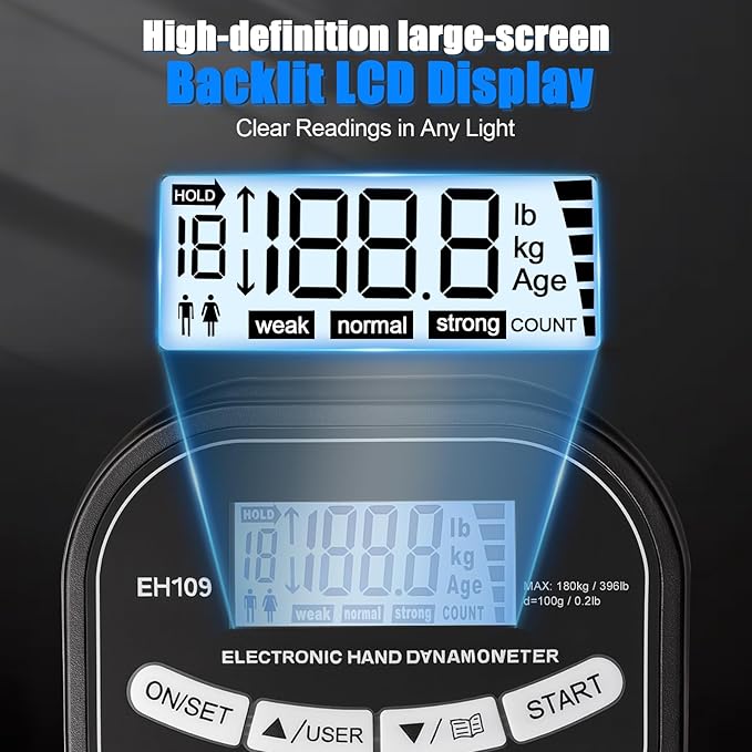 Grip Strength Tester 396 lbs/180 kg with Backlit LCD Display, Digital Hand Grip Dynamometer Records Up to 19 Users, Adjustable Grip Strength Trainer 11–220 lbs for Sports, Rehab, Home & School Use