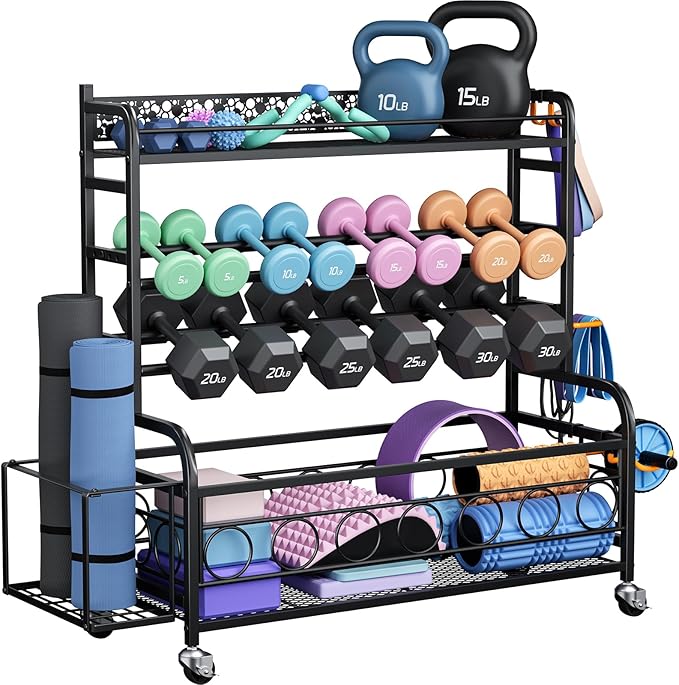 400LBS Dumbbell Rack, VOPEAK Adjustable Weight Rack for Home Gym, Home Gym Storage Rack for Yoga Mat Kettlebells and Strength Training Equipment, Weight Storage Rack for Dumbbells with Wheels