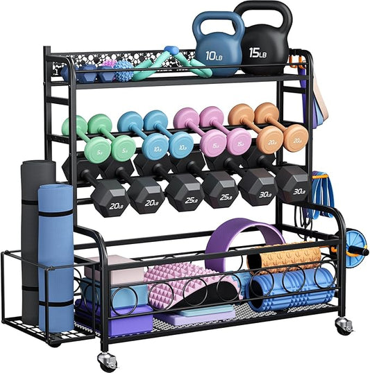 400LBS Dumbbell Rack, VOPEAK Adjustable Weight Rack for Home Gym, Home Gym Storage Rack for Yoga Mat Kettlebells and Strength Training Equipment, Weight Storage Rack for Dumbbells with Wheels