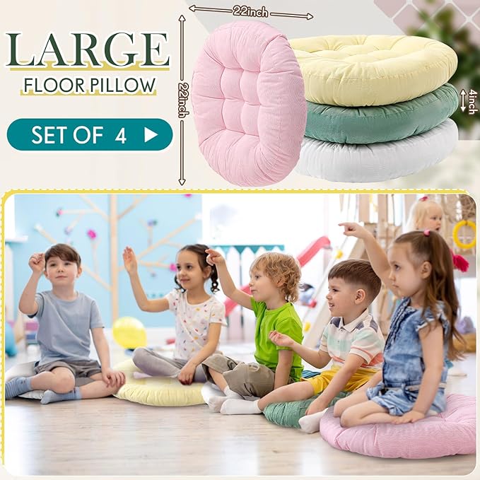 Jerify Floor Pillow Cushions 22 x 22 Inch Round Square Large Meditation Floor Pillow for Classroom Adult Meditation Picnic Party Cushion for Seating Gift Christmas(Round,Macaroon,4 Pcs)