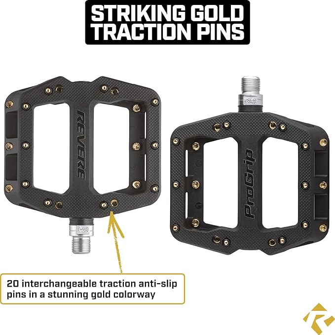 Revere Pro Grip MTB Mountain/Gravel Bike Pedals, Ultra Smooth Bearings, Non-Slip Indestructible Lightweight Nylon Composite Bicycle Platform Pedals 9/16" Spindle, Replaceable Oil Slick or Gold Pins