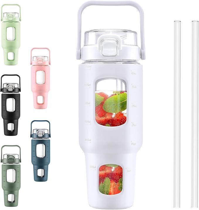 BLUEGO 40 oz Glass Water Bottles with Straw Time Marker, Glass Tumbler with Handle Top Lids, Easy to Clean, Fits in Car Cup Holder, Leakproof Jug for Gym, Sports, Workout & Daily, White